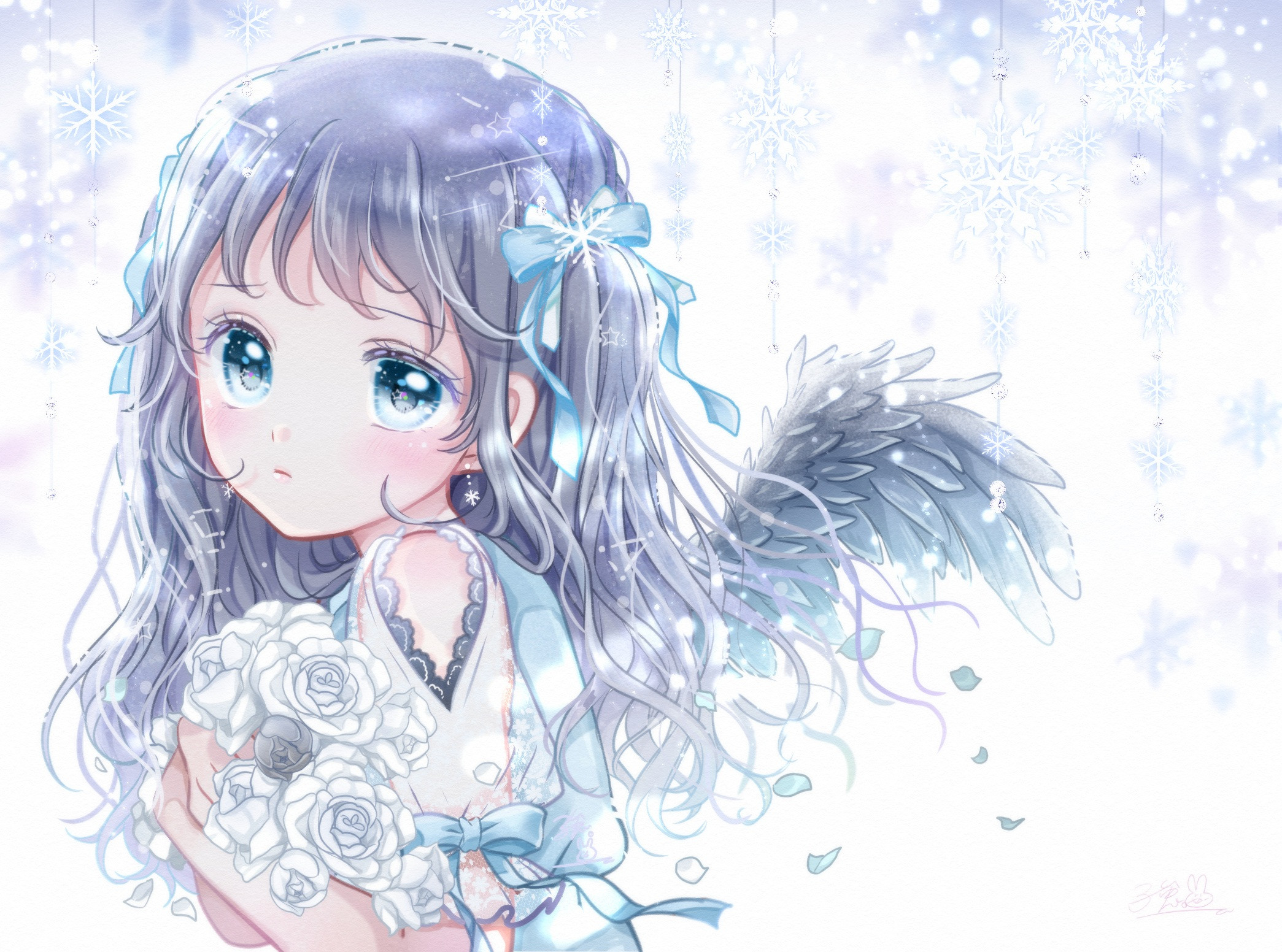 Download 1280x800 Cute Anime Girl, White Roses, Wings, Angel Wallpapers