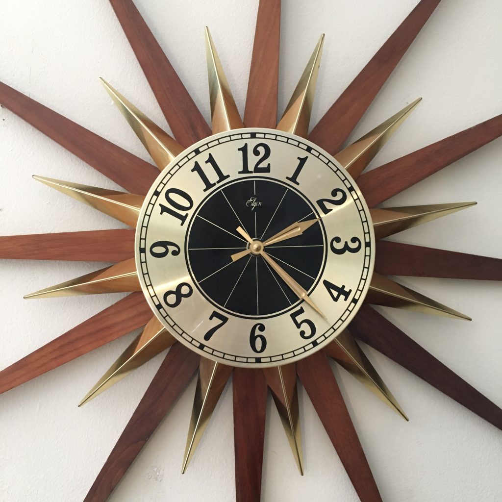 Mid Century Modern Starburst Wall Clock, Walnut & Brass - EPOCH