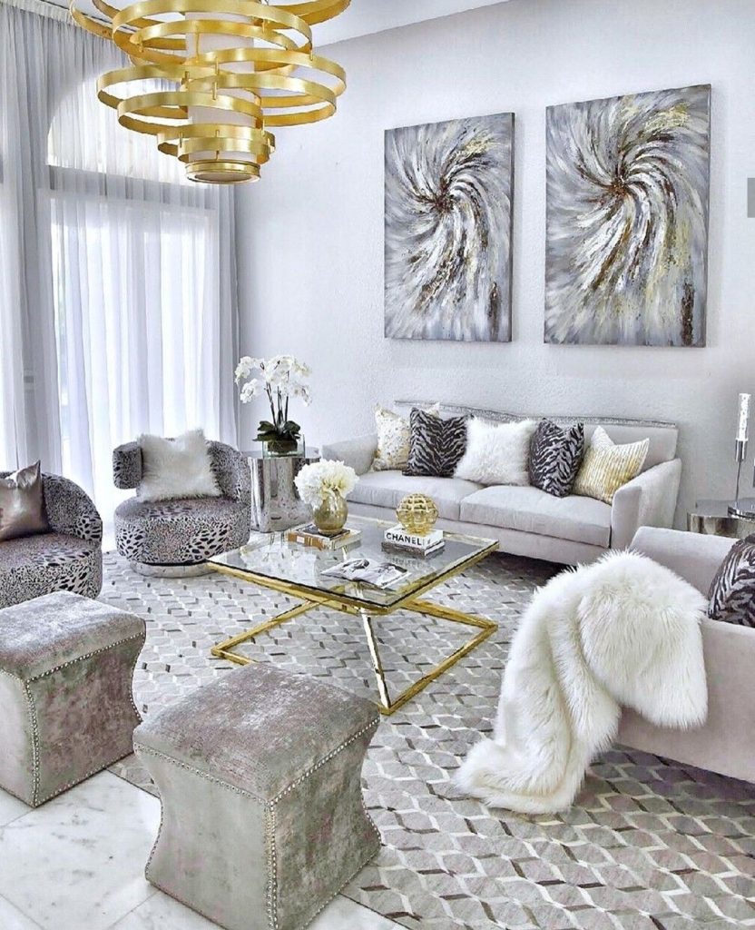 Gray and gold decor living room | Gold living room decor, Glam living