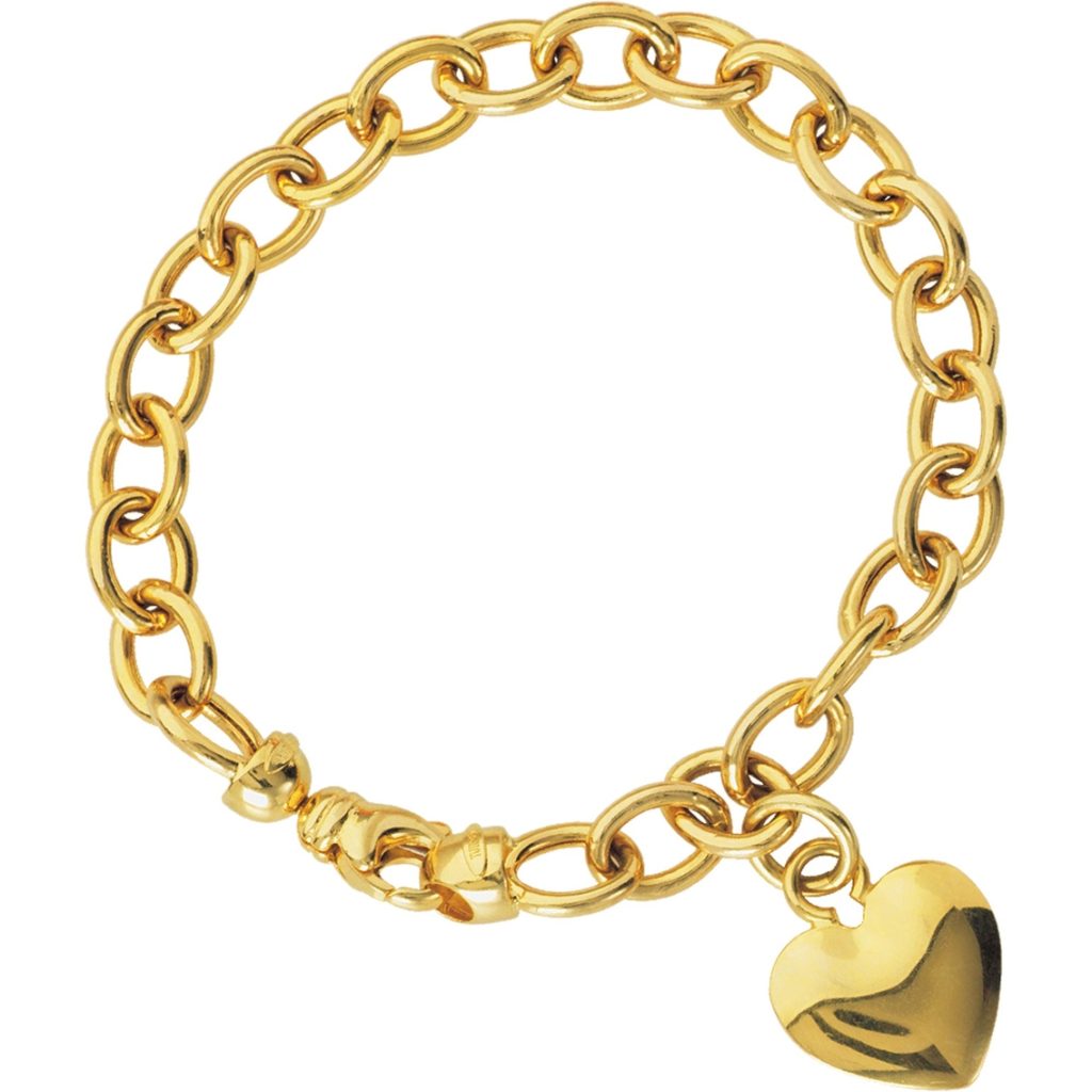 14k Yellow Gold Oval Rolo Dangle Solid Heart Charm Bracelet | Gold