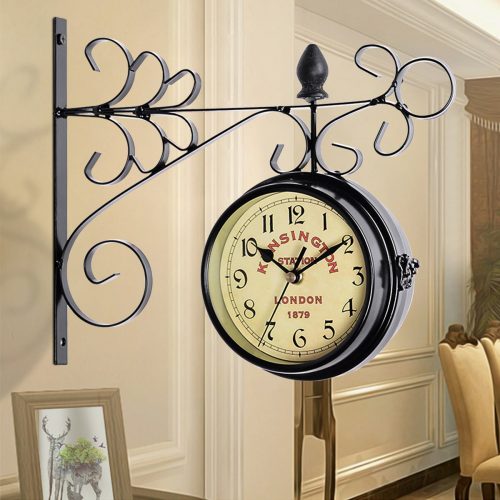 Double Sided Wall Clock, Iron Antique-Look Wall Hanging Two Faces Retro