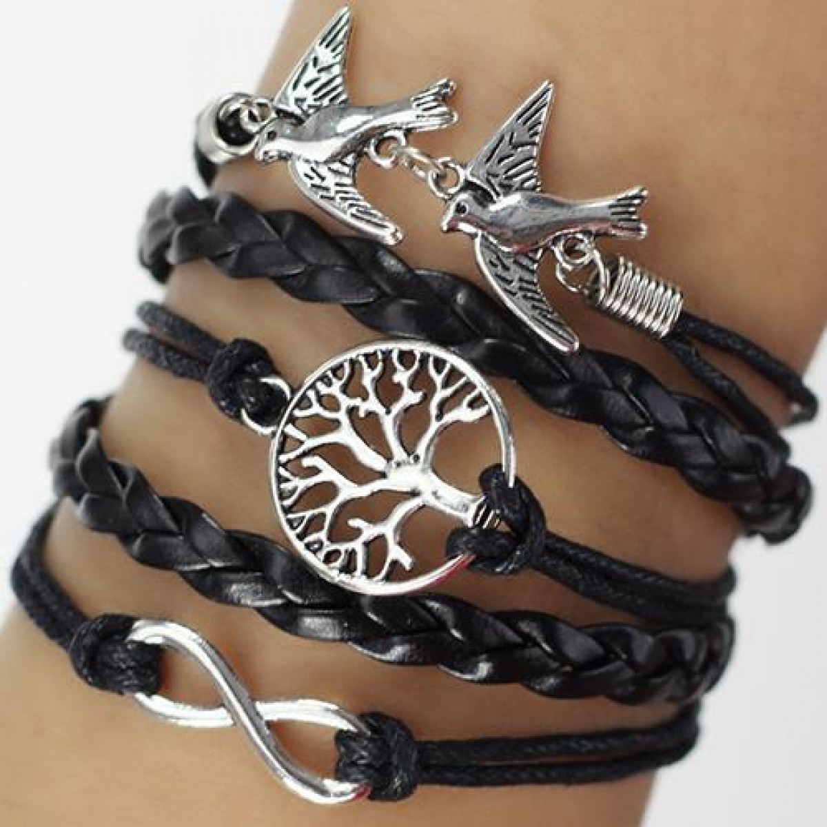 Black Leather Wrap Bracelet : Tree and Dove Charms - from category