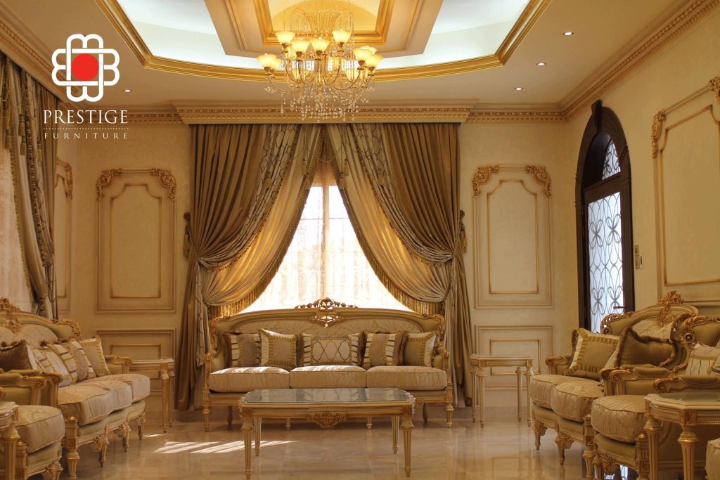Golden living room interior by #prestigefurnitures. This set up glows