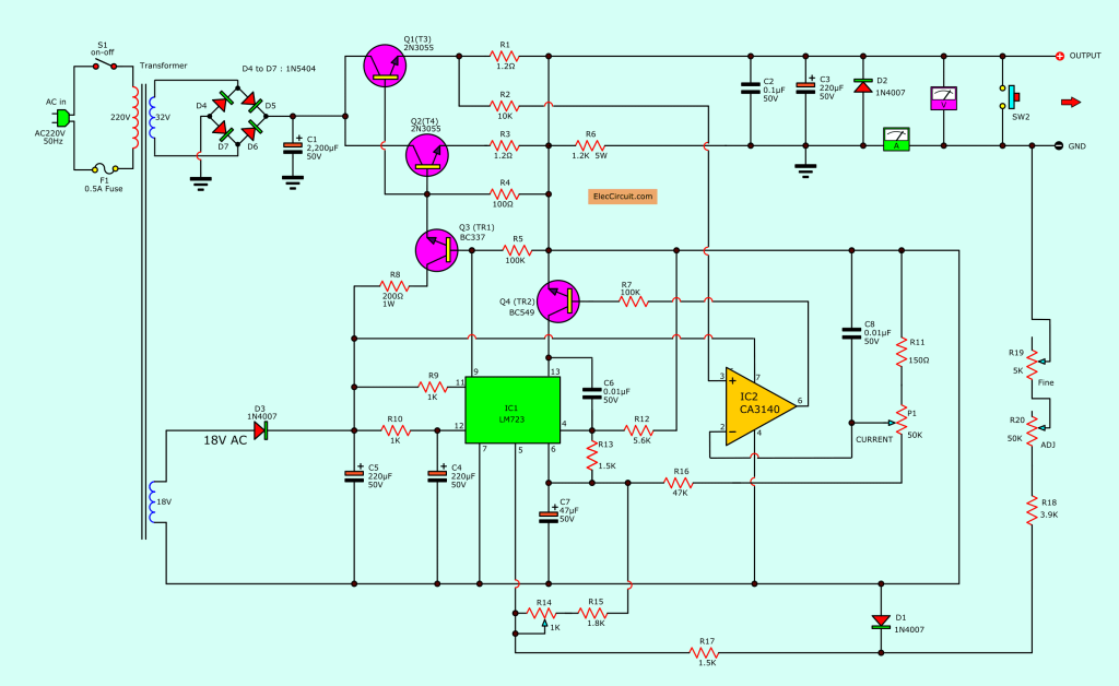0-30V 0-5A regulated variable power supply circuit - ElecCircuit.com