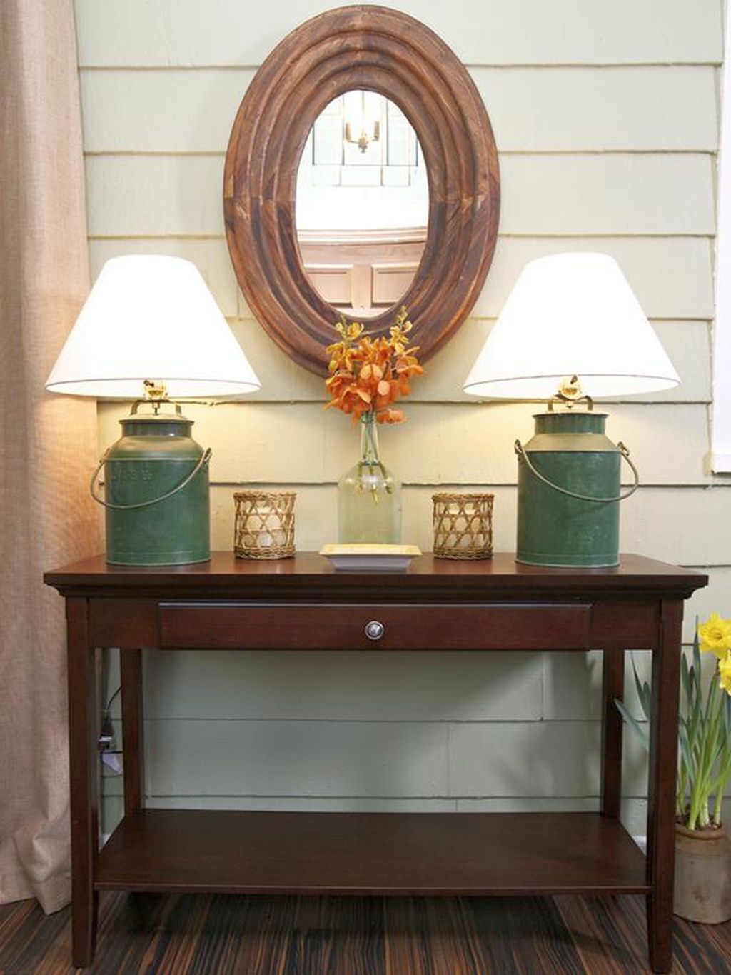 Rustic style small entry table ideas with oval mirror