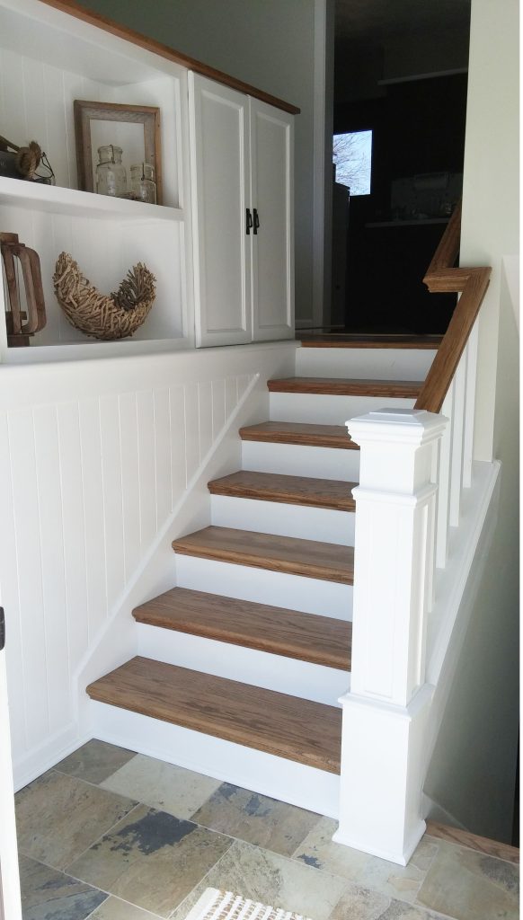 DIY split entry remodel, added storage, planking to tie the wall and
