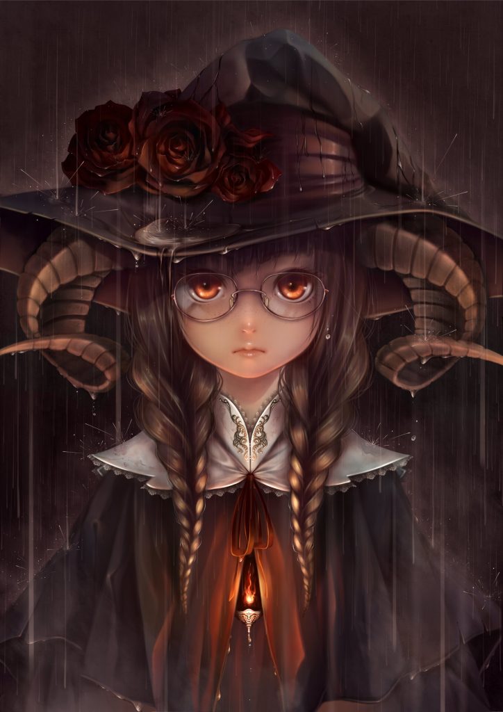 Anime girl braids brown hair fire flower freckles glasses hat horns