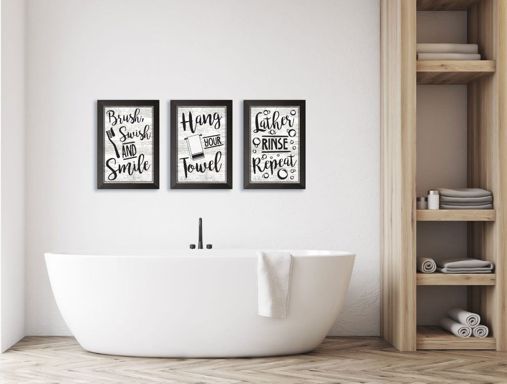 Gango Home Decor Bathroom Rules Typography Wall Art; Three Black