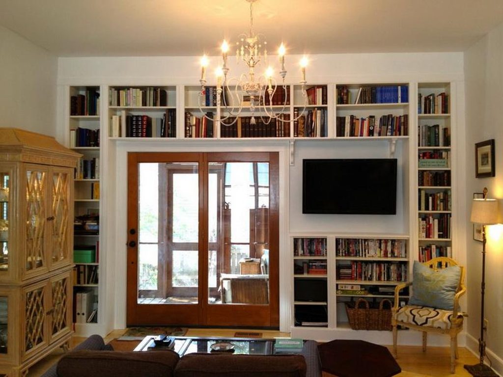 White Bookcase with Glass Door for Elgant Interior with Sheer Privacy