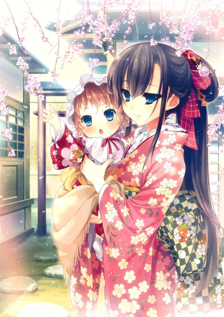 Original anime girl kimono cute beautiful dress long hair baby