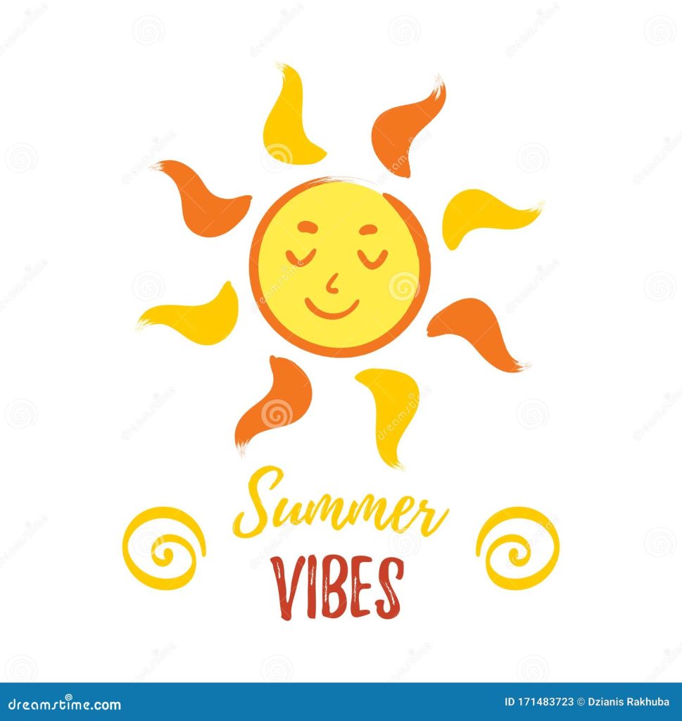 Cheerful Smiling Sun with with Summer Vibes Lettering Stock Vector