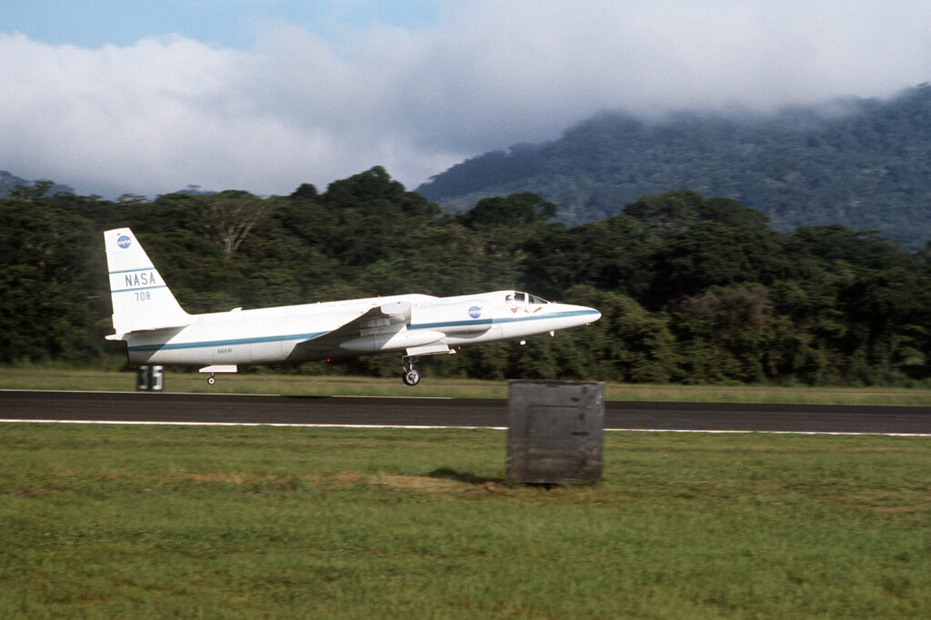 A right side view of a NASA U-2 Earth Survey aircraft taking off on a