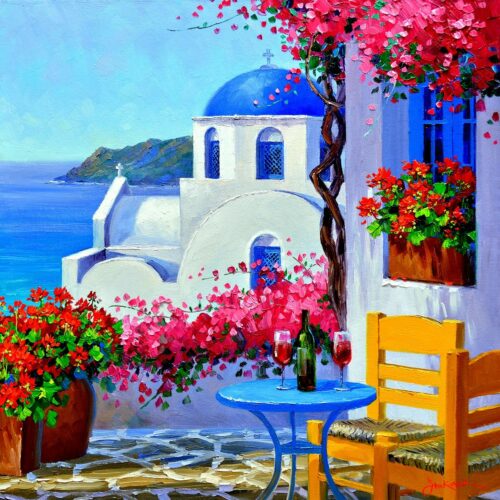 Mikki Senkarik / Romance in Santorini | Greece painting, Painting art