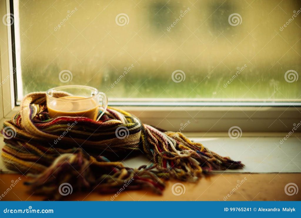 Cozy Soft Gray Blanket with a Big Red Cup on the Background of a Window