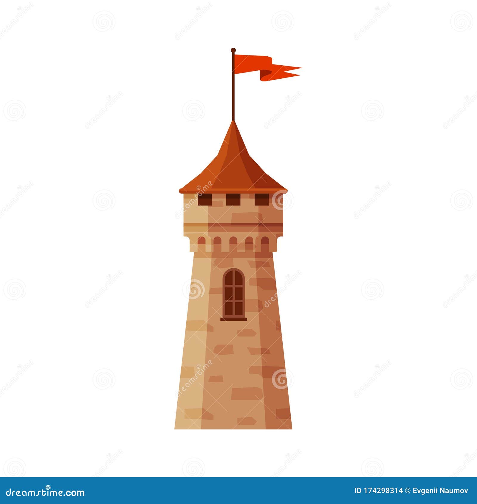 Castle Tower with Flag, Part of Medieval Ancient Fortress Vector